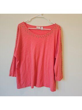 Chicos Coral Pink Grommet Detailed Long Sleeve Top Size 3 Large Cotton Modal